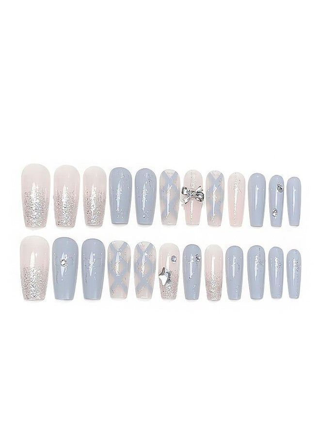 RikView Coffin Press on Nails Long Fake Nails Blue Nails with Design Glossy Full Cover Nails for Women 24 PCs/Set - Image 5